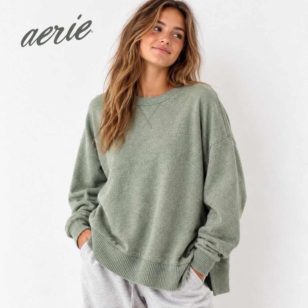 Aerie Oversized Crewneck Sweater Sage Green XS Y2K Slouchy Cozy Lounge EUC